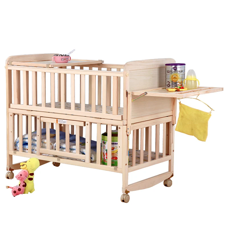 8 in1 Wood Baby Bed With Shelf, Extended Baby Crib, 3 Grade Height Adjust Cot, Can Combine With Adult Bed Pine Baby Bed