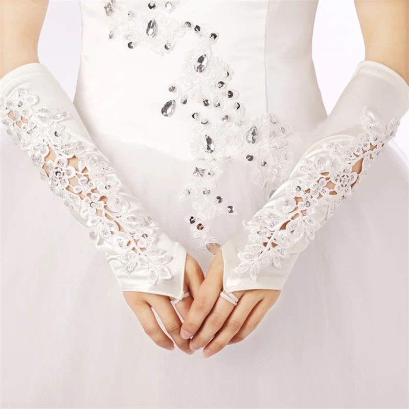 

Elegant Wedding Gloves with Appliqued White/Ivory Wedding Accessories Brand New Luxury Beaded Fingerless Bridal Gloves