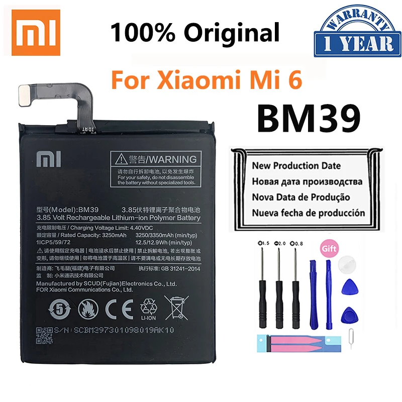 

100% Orginal Xiao mi BM39 3350mAh Battery For Xiaomi 6 Xiaomi6 Mi6 M6 High Quality Phone Replacement Batteries