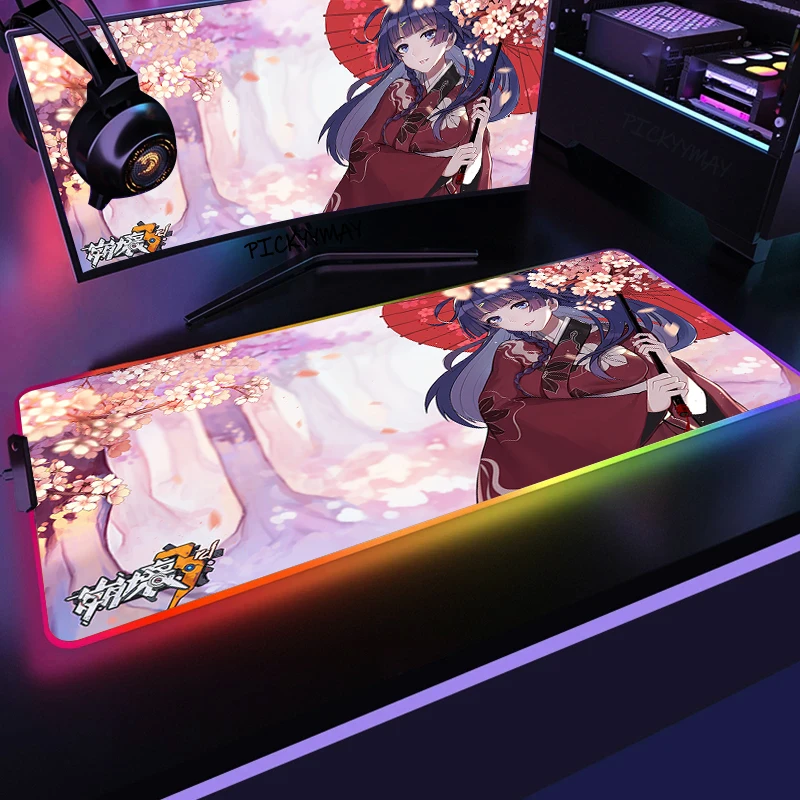 

Большой игровой коврик для мыши Honkai Impact RGB, светодиодный коврик для мыши с подсветкой, Аниме Сексуальная девушка, клавиатура, коврик для мыши...