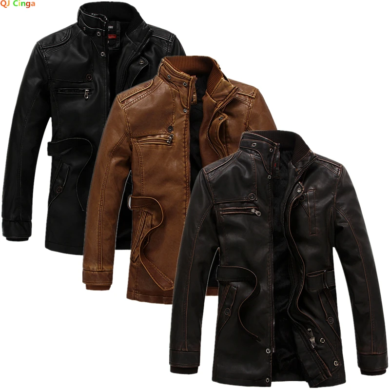 

High Quality Leather Jacket Men Slim Warm Washed Leather Motorcycle Biker Jackets Standing Collar Coat Plus Size 6XL Long Parkas