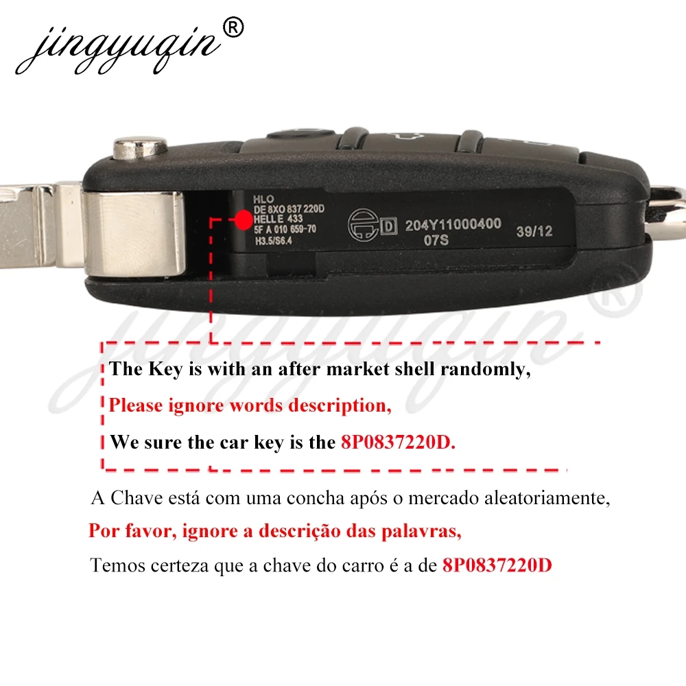 Jingyuqin 8P Дистанционный Ключ Для Audi A1 A3 TT S1 S3 Q3 2005+ 433 МГц ASK ID48 Чип Flip-Breloch
