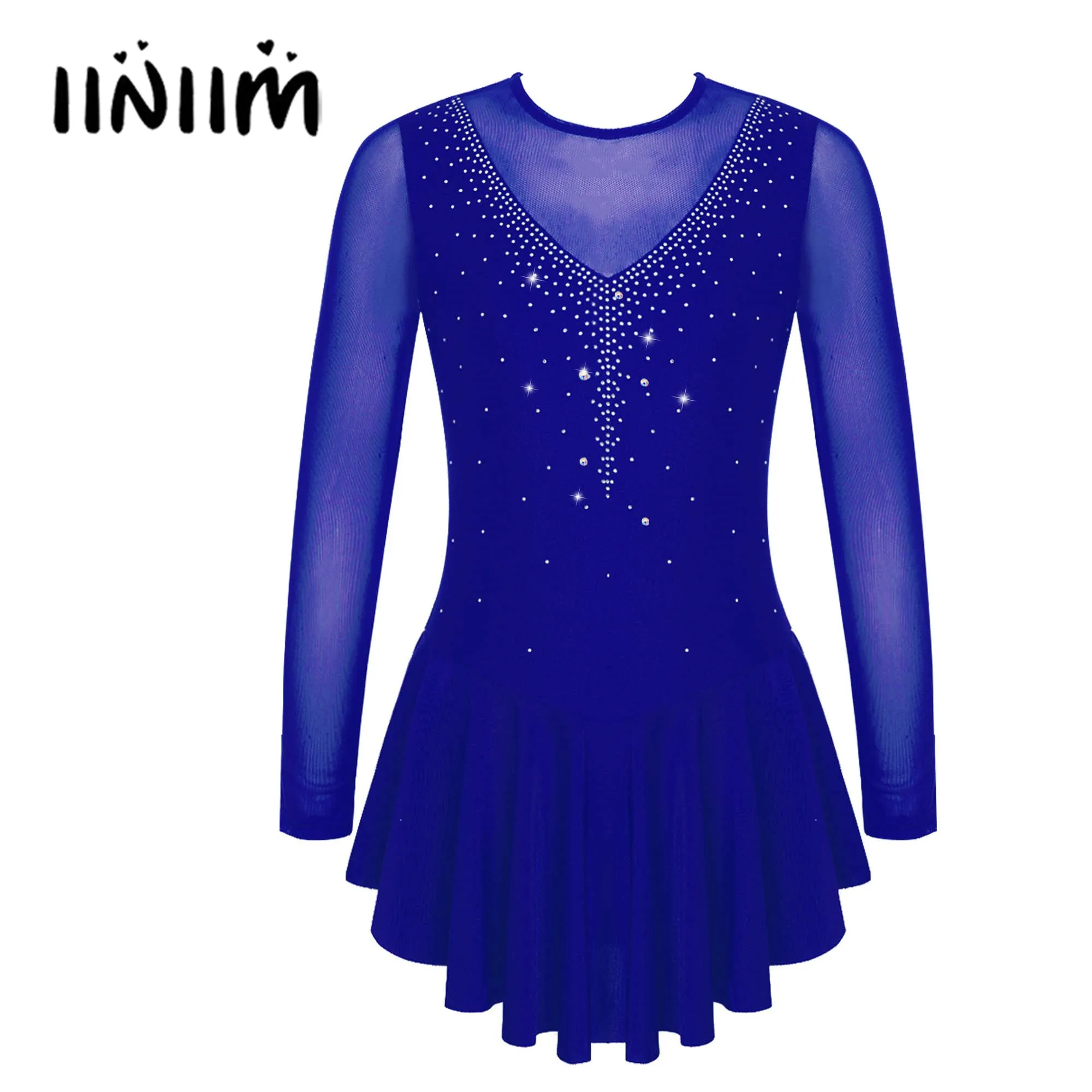 

Детское танцевальное платье стразы для девочек, блестящее балетное платье с длинным рукавом и круглым вырезом, V-образный вырез, костюм с рисунком