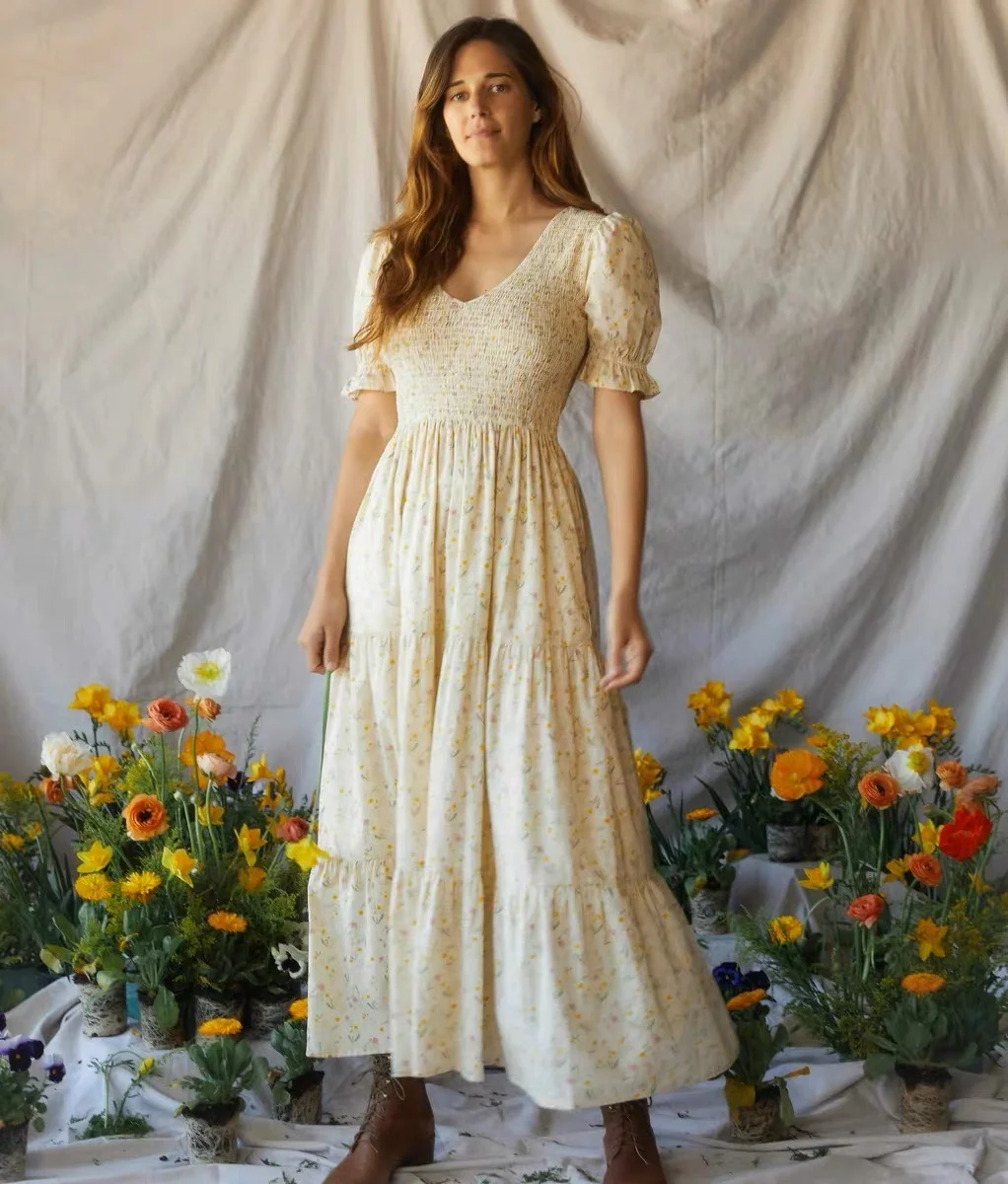 Women's V-Neck Floral Printed Short Puff Sleeve Stretch Vintage Midi Dress