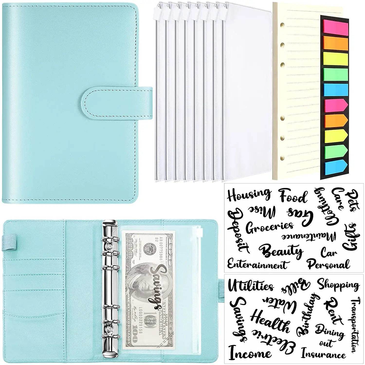 

A6 PU Leather Binder Budget Planner Organizer, 26 Categories Letter Sticker Label,Cash Budget Envelopes,Binder Paper for Saving