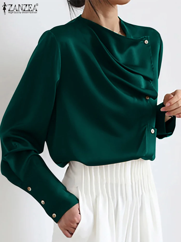 

ZANZEA Casual Long Sleeve Satin Blouese Fashion Women 2023 Spring Chic Shirts Draped Asymmetrical Neckline Elegant Party Blusas