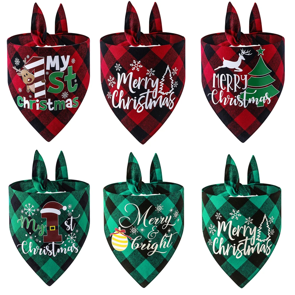 

2pcs/Pack Dog Bandana Christmas Classic Buffalo Plaid Pets Scarf Triangle Bibs Kerchief Reversible Bandanas Costume Accessories