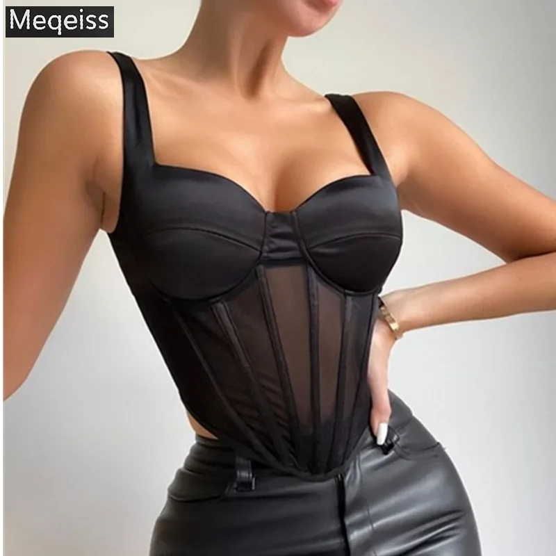 

Women Satin Bustier Crop Tops Sexy Sleeveless Solid Irregular Mesh Boned Corset Ladies Casual Tank Top Cropped Streetwear