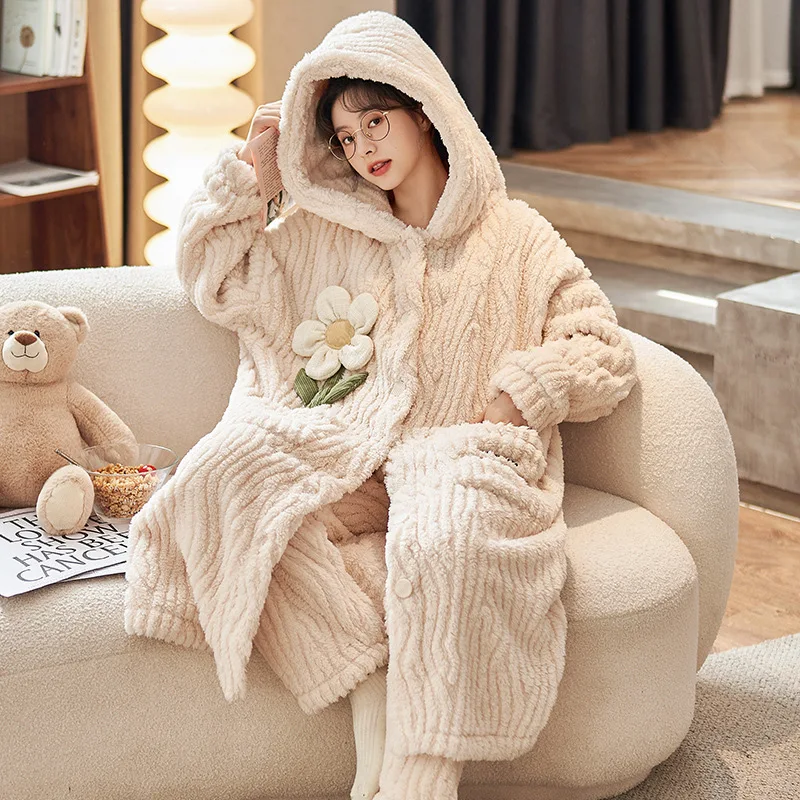 

Warm Solid Color Hooded Women's Pajamas Robes with Pants Thicken Flannel Sleepwear Plus Size Winter Home Clothes Pijama