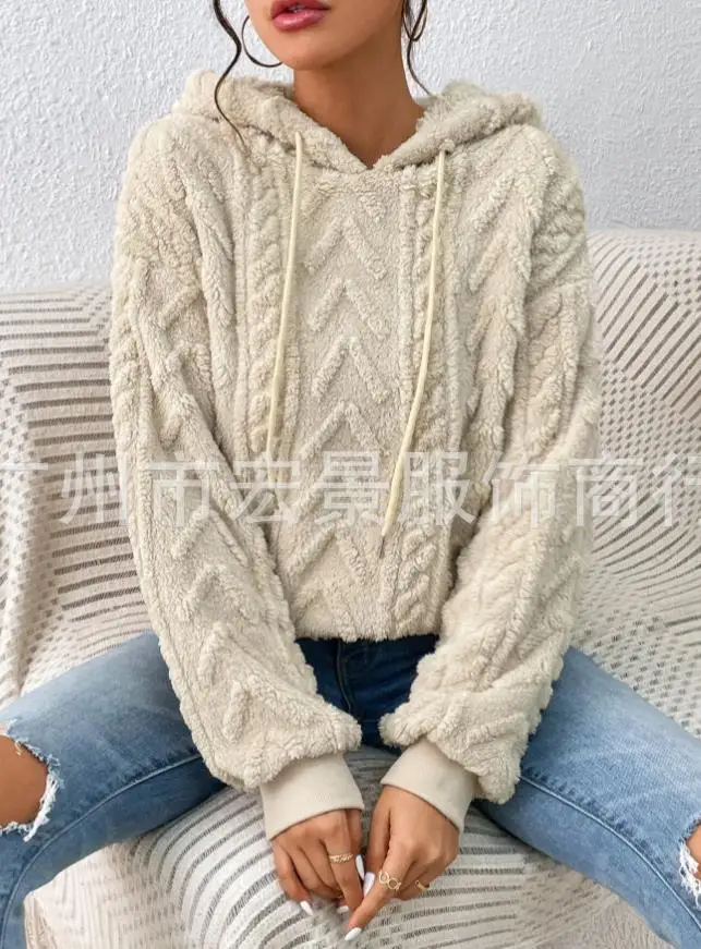 

Woman Winter Fuzzy Cable Textured Casual Hoodie Women's Clothing New Fashion Women Long Sleeve Drawstring Hooded Sweater Top