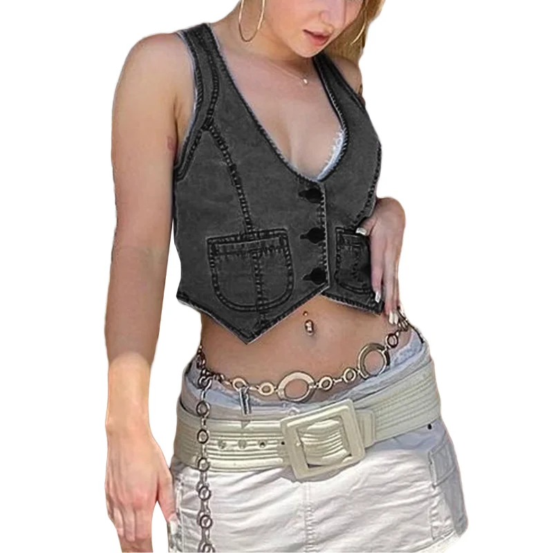 

Женский джинсовый жилет без рукавов, приталенный однотонный жилет на пуговицах с U-образным вырезом, уличная одежда 2023 Y2K