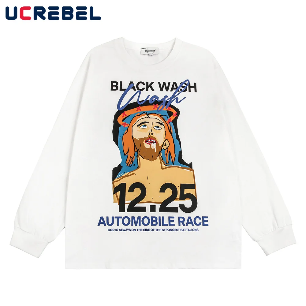 

Hip Hop Pattern Print Long Sleeve T-shirt Mens Streetwear Loose Drop Shoulder Crew Neck Cotton Tee Men Autumn