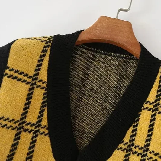 Американский уличный желтый клетчатый вязаный жилет женский короткий с глубоким