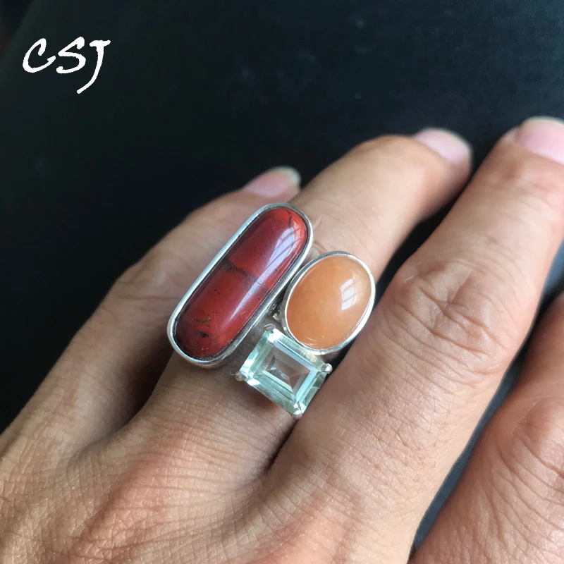 CSJ Elegant Natural Green Amethyst Rings 925 Sterling Silver Citrine Rose Quartz Topaz Hand Made Jewelry for Women Party Gift