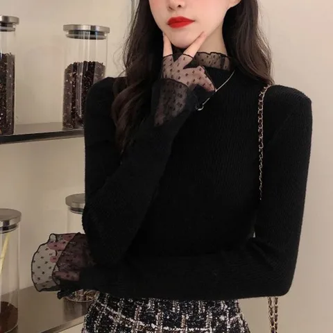 Neploe модные корейские свитера из двух частей, женские осенние милые кружевные топы с длинным рукавом, Женский облегающий вязаный пуловер Y2k