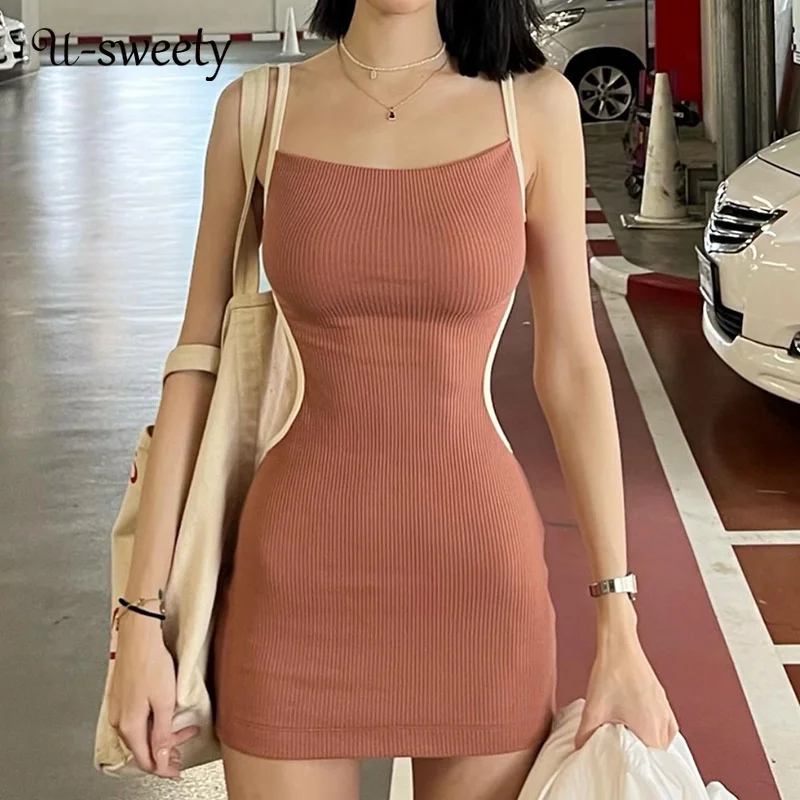 

U-sweety Women's New Contrast Color Side Back Leak Suspender Dress