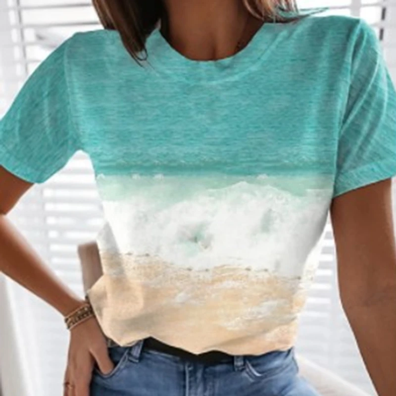 

2022 Summer Women T-shirt Fashion 3D Ocean Landscape Printing T Shirts Short Sleeve Pullover Tops All-match Lady Shirt