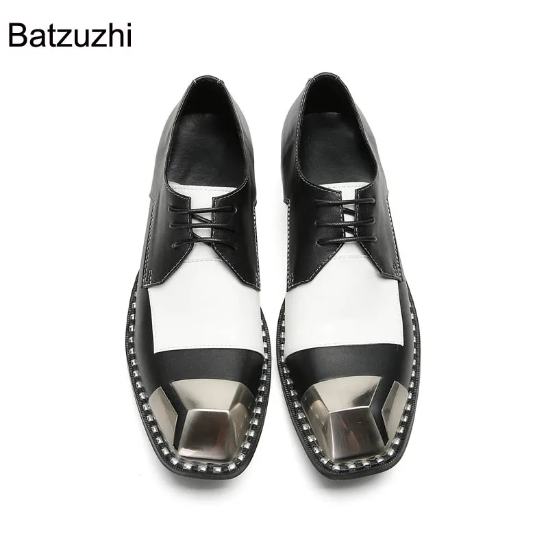 Batzuzhi Silver Metal Tip Черно-белые модельные туфли из натуральной кожи Мужские деловые на