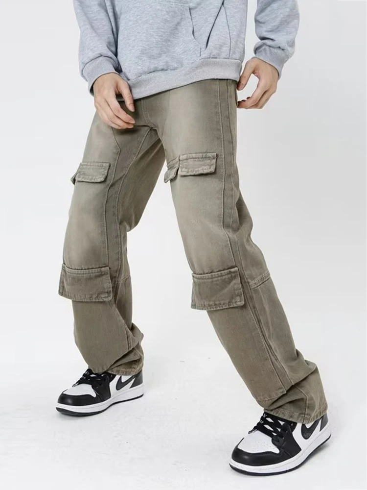 Multi-Pocket Loose Denim Pants Mens High Street Washed Distressed Straight-leg Pants Retro Jeans Mens Pants Baggy Jeans Denim