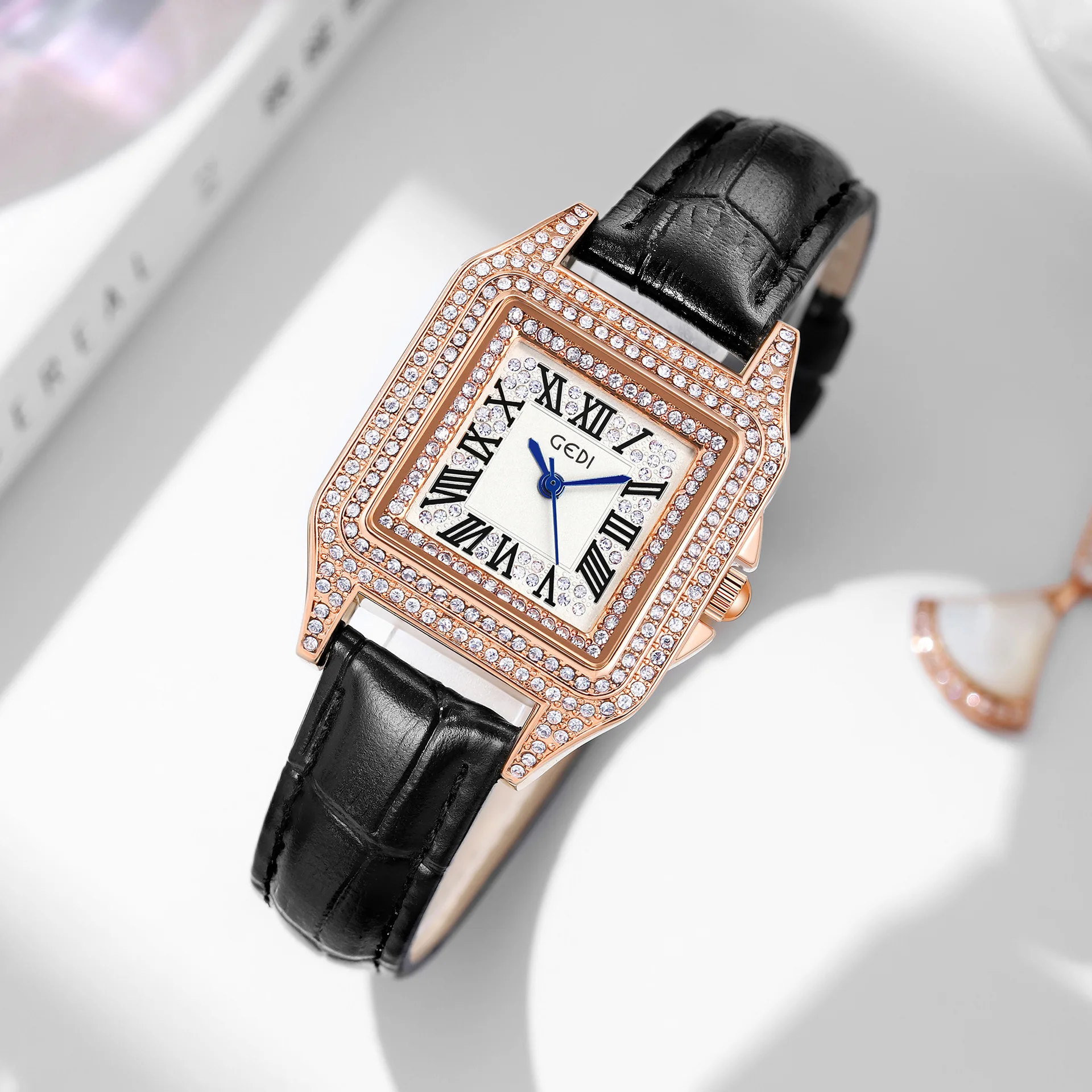 

The popular 2023 large-dial luxury diamond-set Roman numeral strap waterproof quartz watch wrist watch women watches