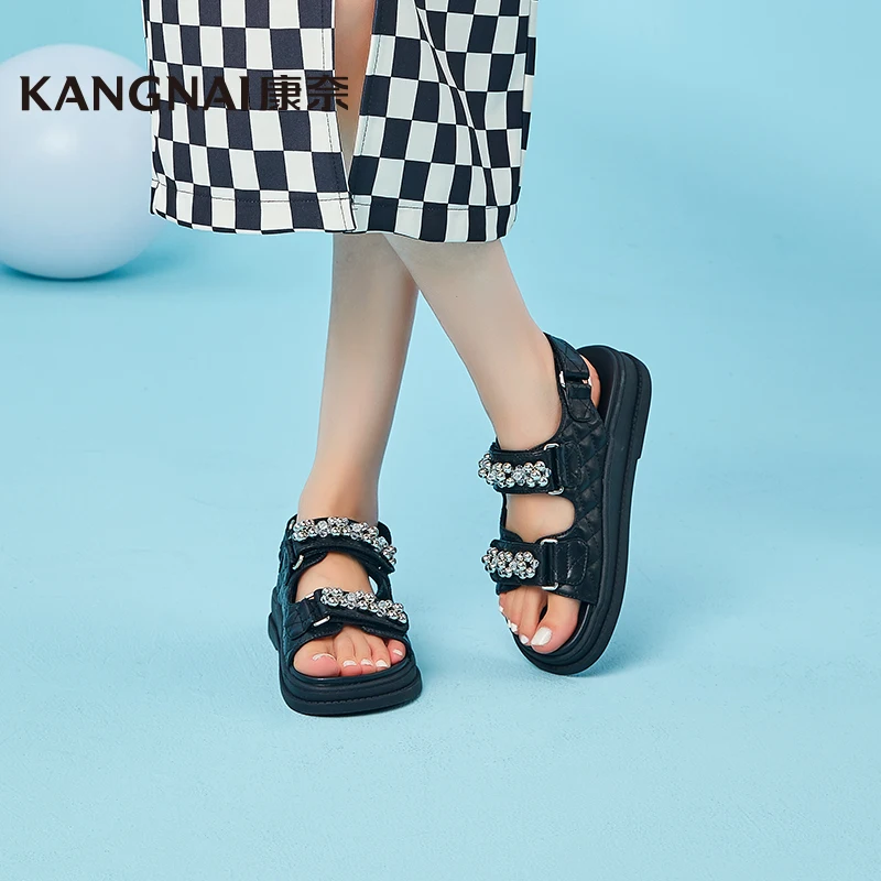 

Kangnai Women Sandals Split Leather String Bead Flat Platform Hook Loop Female Summer Beach Shoes