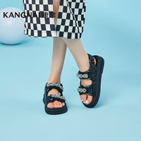 kangnai women sandals split leather string bead flat platform hook loop female summer beach shoes