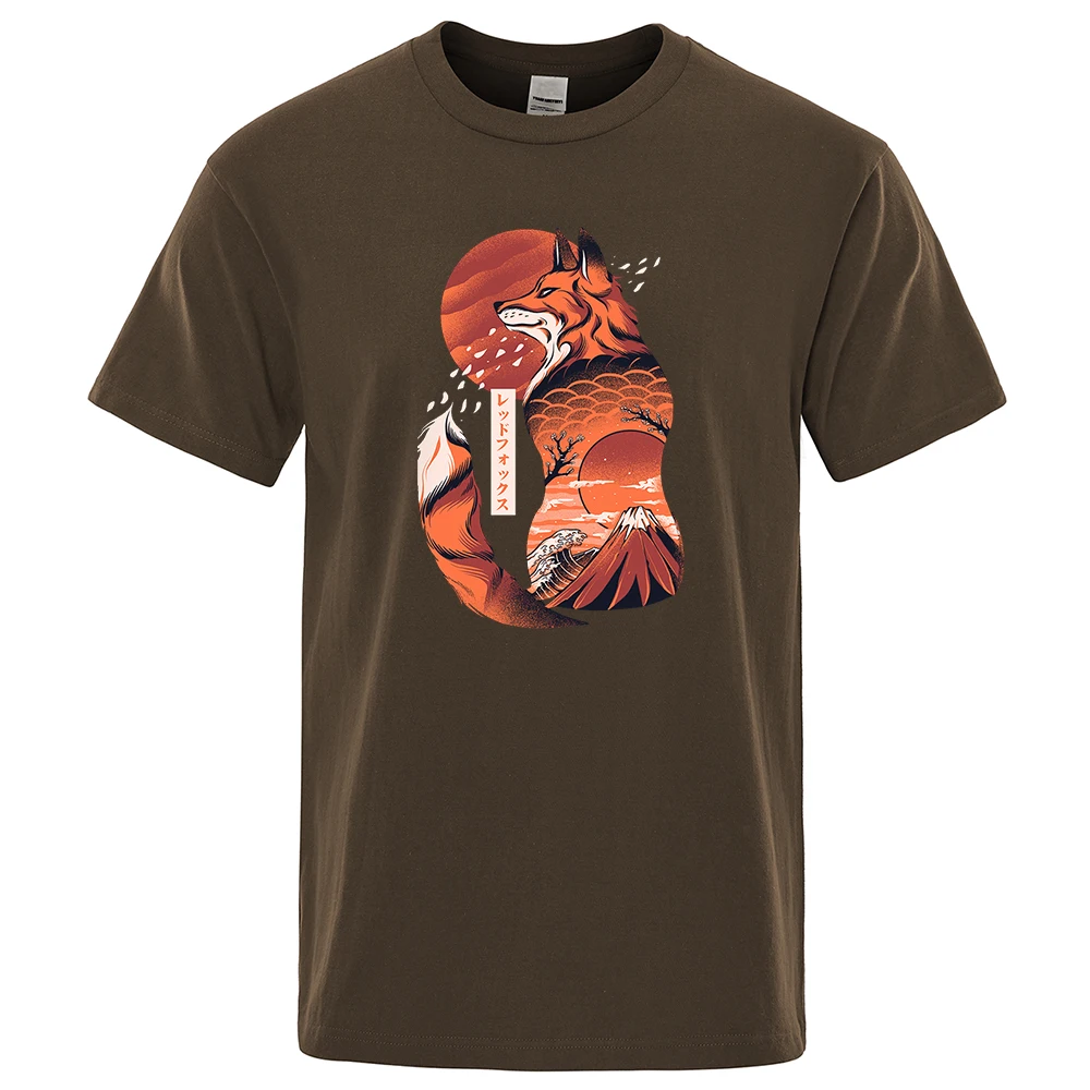 

Japanese Fox Print Mens T-Shirts Harajuku Oversized Loose Tshirt Cotton Summer Clothing Loose Vintage Anti-Wrinkle Tee Clothes