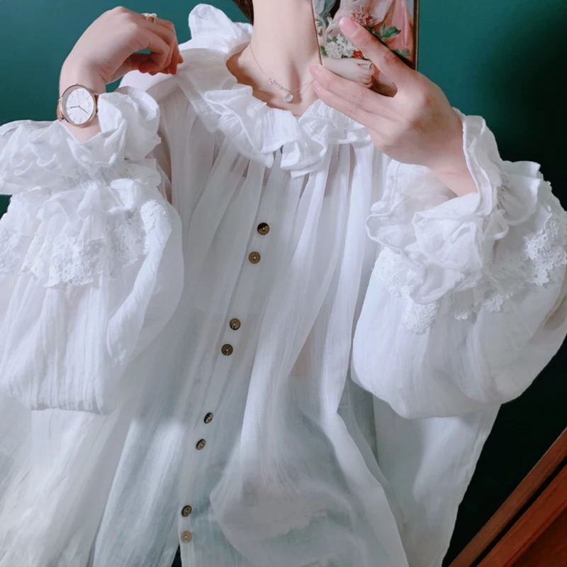 Spring Summer Women Mori Kei Vintage Lantern Sleeves Ruffled See-through Oversized Cozy Breathable Cotton White Shirts/Blouses