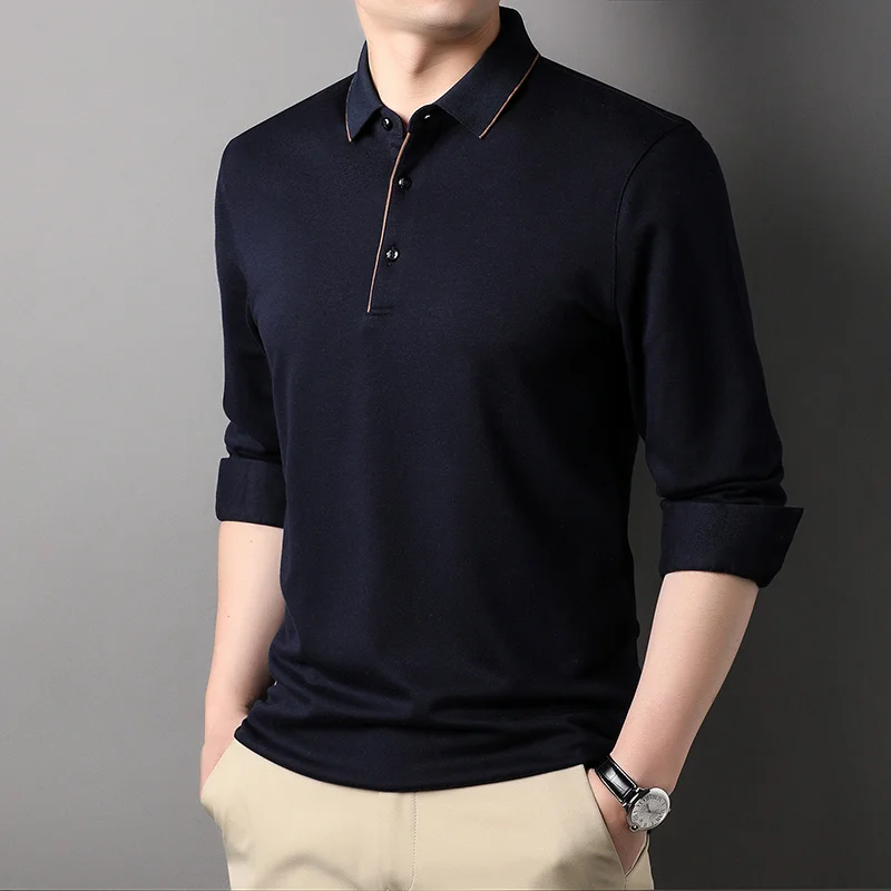 

High Quality Cashmere Blend Spring Men's Polo Shirt Casual Solid Color Silk Lapel Long Sleeve T-shirt Bottoming Shirt Men