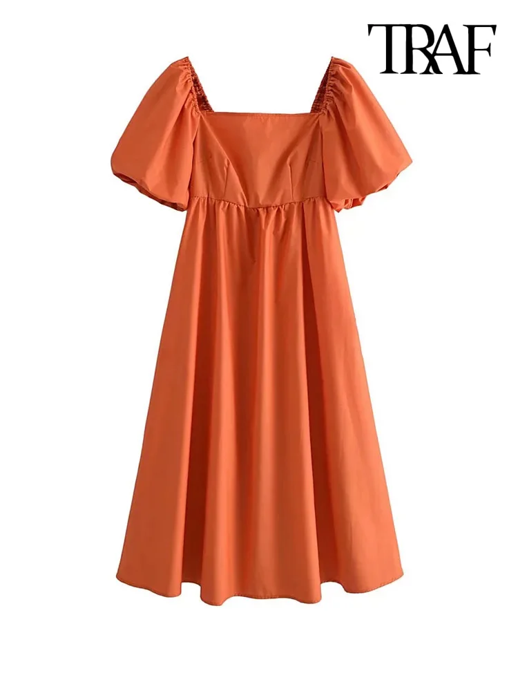 

TRAF Women Fashion Backless With Buttons Midi Dress Vintage Square Collar Puff Sleeve Female Dresses Vestidos Mujer