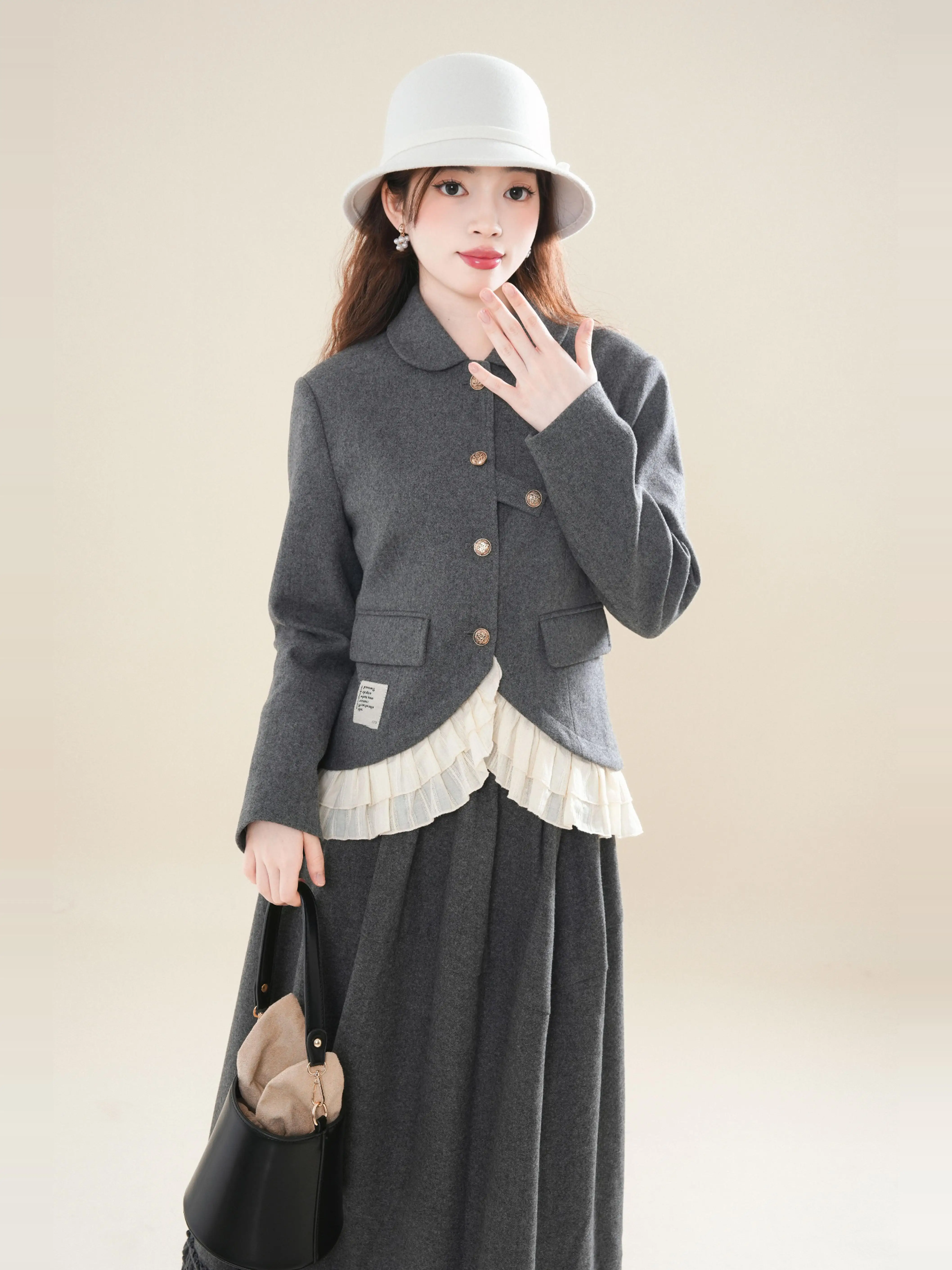 Cocoa Forest Water Moon-Free Japan fashion Yamamoto Sle Gray Patchwork Lotus Leaf Lace Outerwear Skirt sets Women Autumn