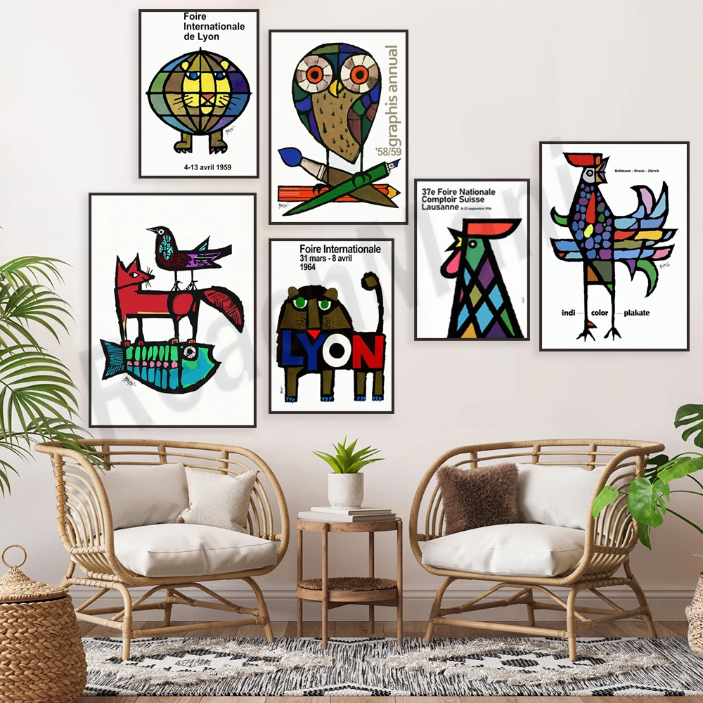 Плакат с изображением совы Льва павлина петуха яркого цвета льва