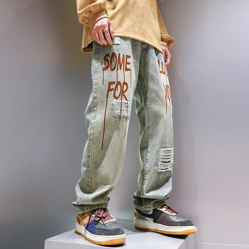 European and American Jeans Men's Baggy Jeans Letter Embroidery Patchwork Ripped Pants Trendy Brand Men's Fashion Streetwear