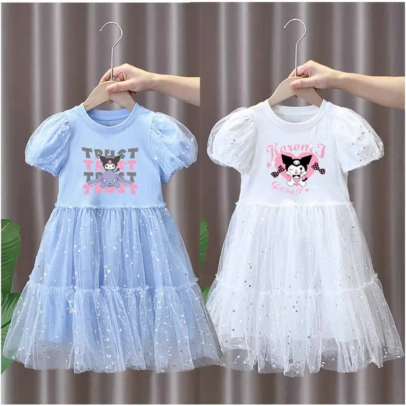 

Sanrios Anime Figure Kuromi Children Short Sleeve Gauze Skirt Party Princess Princess Style Dress Girls Summer Clothing Dresses