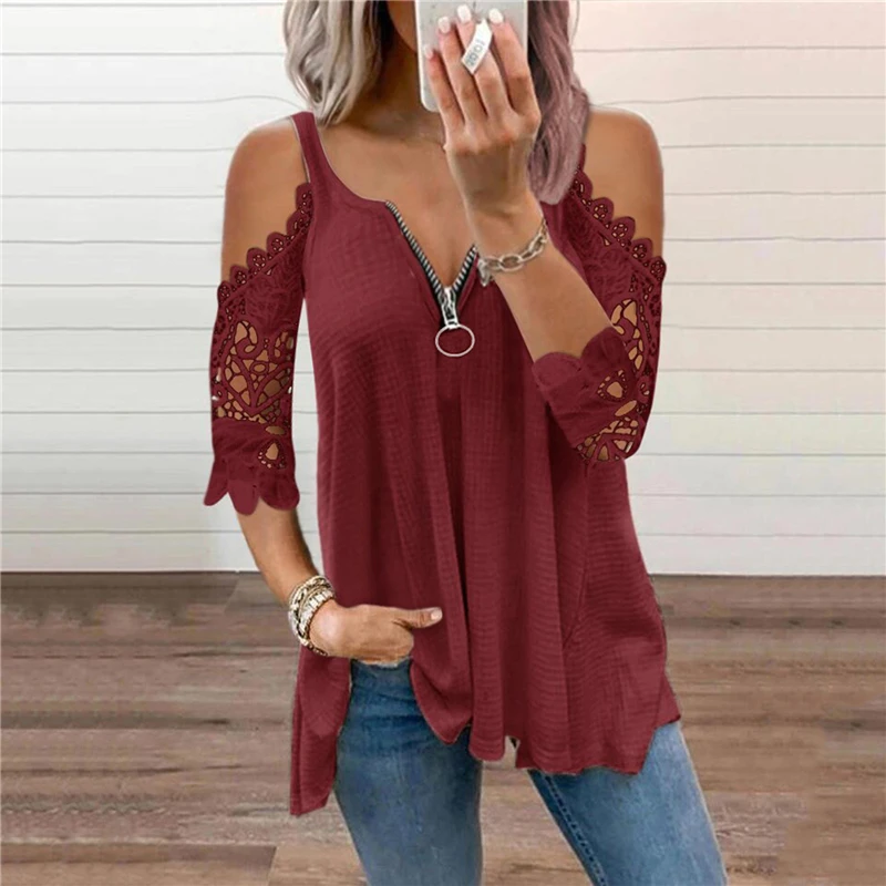 

Summer T Shirt Women 2022 New Hollow Out T-shirts Zipper V Neck Lace Sleeves Knitted T-shirt Solid Color Sexy Lady Tops
