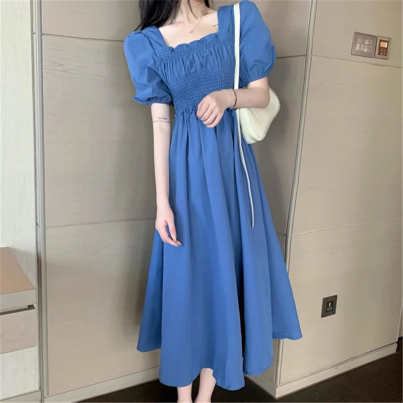 

Pleated Elastic Waist Chiffon Long Dress Summer Short Sleeve Square Neck A-line Dress Solid Women Casual Beach Holiday Vestidos