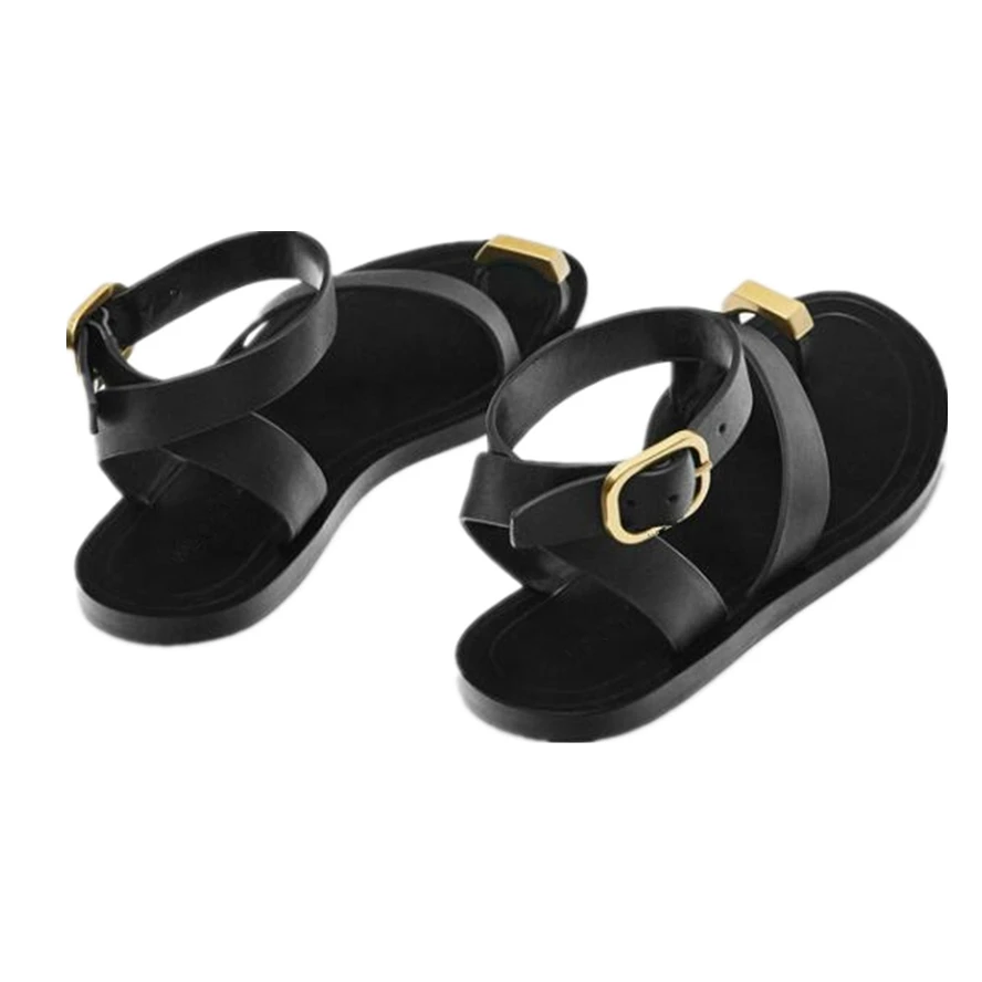 Dave&Di French Blogger Retro Leather Roman Metal Buckle Sandals Fashion Flat Sandals Women For Summer