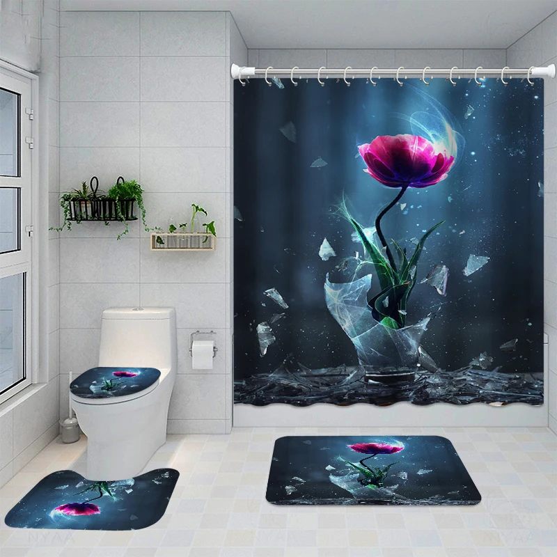 

Waterproof Bathroom Shower Curtain Flower Toilet Cover Non-Slip Bath Mat Rug Carpet Set Polyester Fabric Washable Home Decor