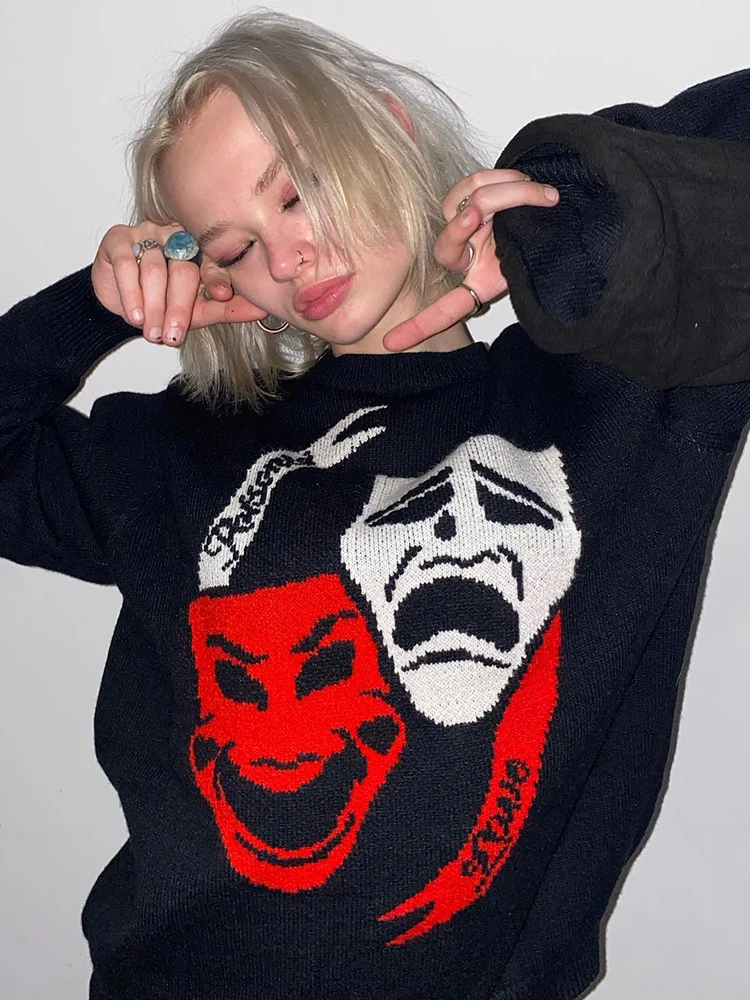 Одежда унисекс с рисунком демона Свитера на осень и зиму винтажный пуловер