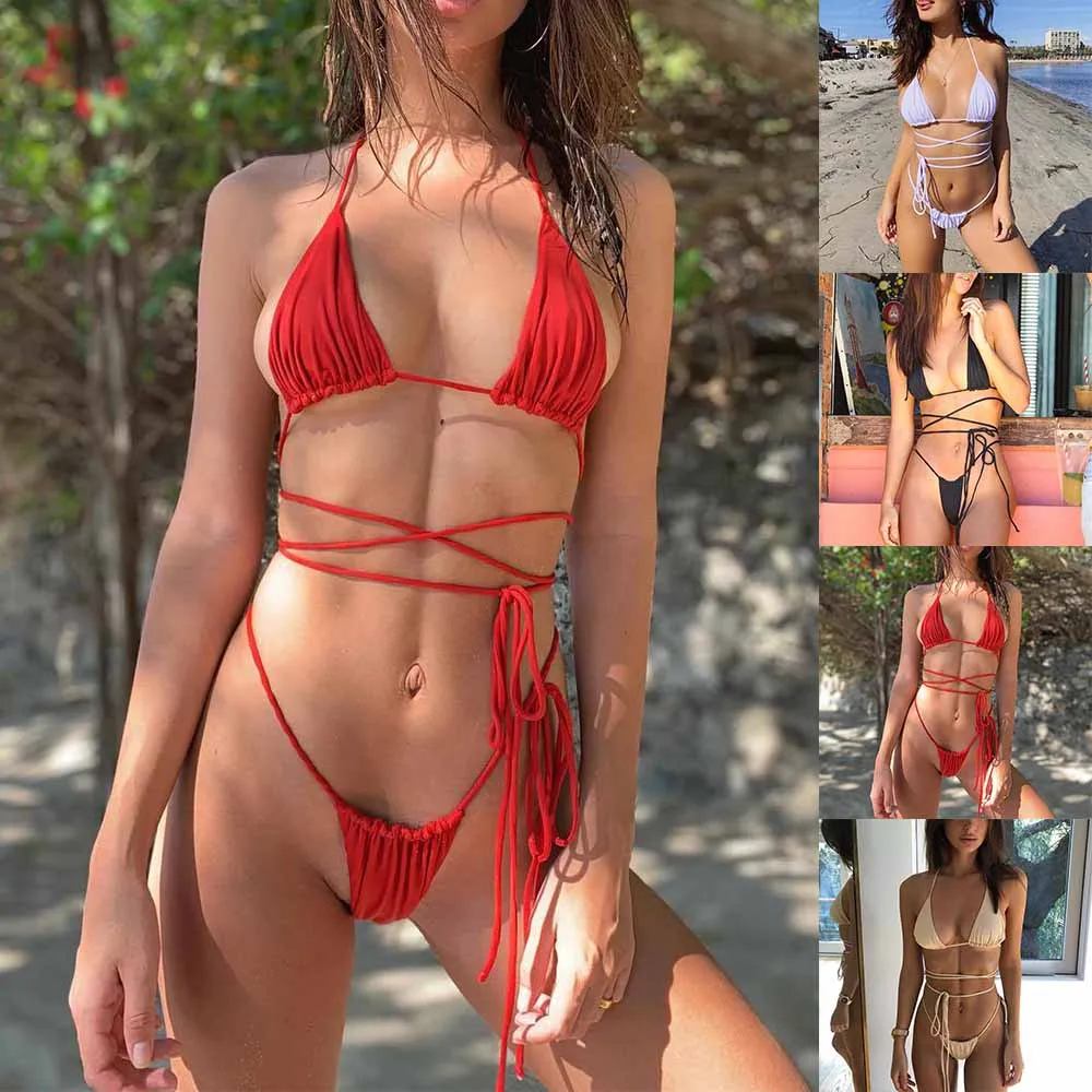 

Women's Swimsuits Ribbed Bikini Sexy Strap Halter Swimwear Solid Feminine Bikinis Set Micro Thong Biquini Push Up Beachwear