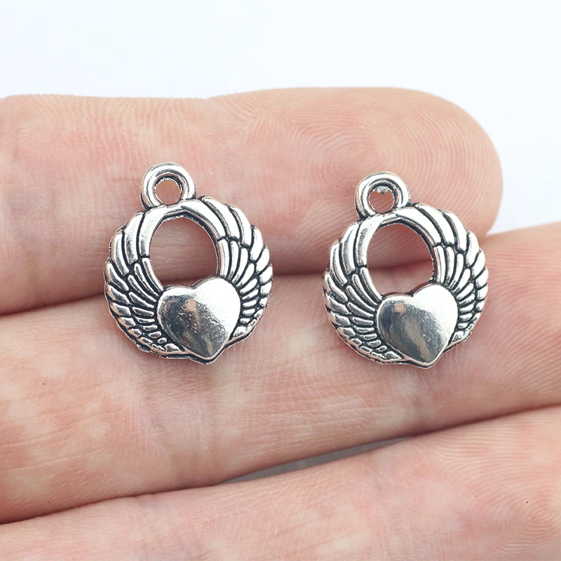

High quality 10 PCS/Lot 19mm*22mm antique silver plated beautiful heart and wings charms