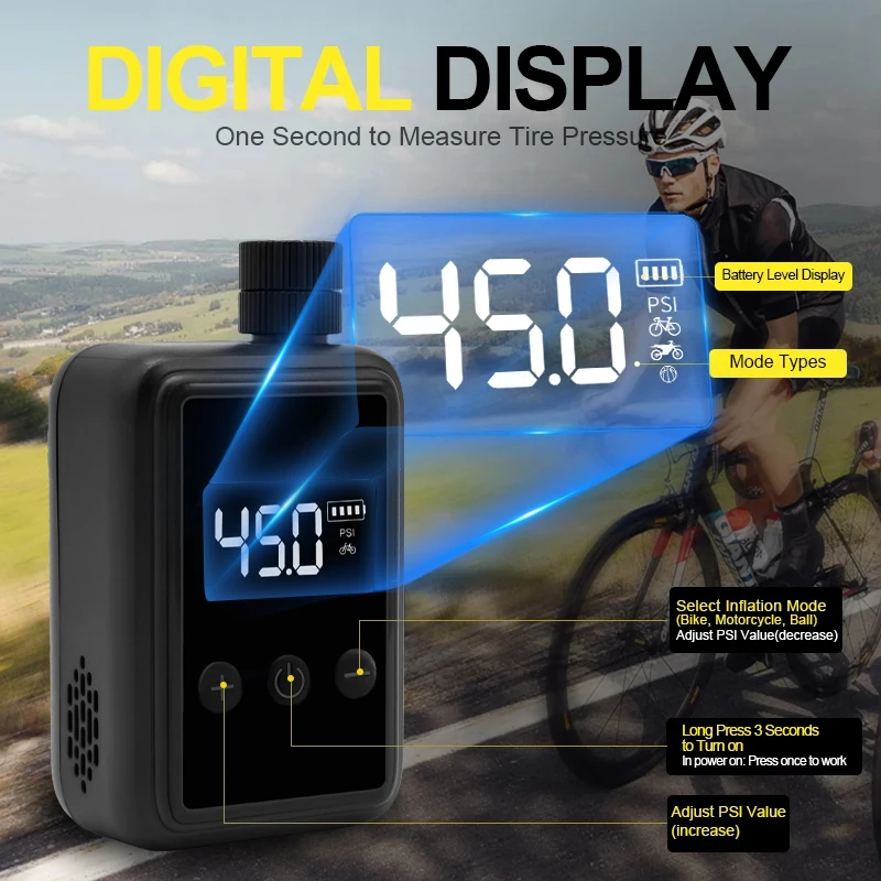Электрический мини-портативный велосипедный насос с цифровым манометром PSI