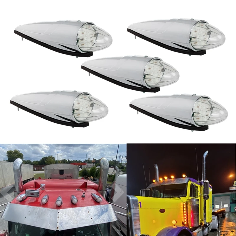 5Pcs 17LED White Chrome Cab Marker Clearance Truck Roof Top Light For Kenworth For Peterbilt For Freightliner For Mack