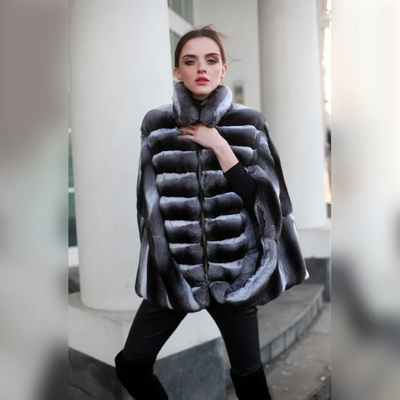 Natural Chinchilla Fur Jacket Women Casual Fashion Luxury Outertwear O-neck Sleeve Genuine Rex Rabbit Real Fur Coat Lady enlarge