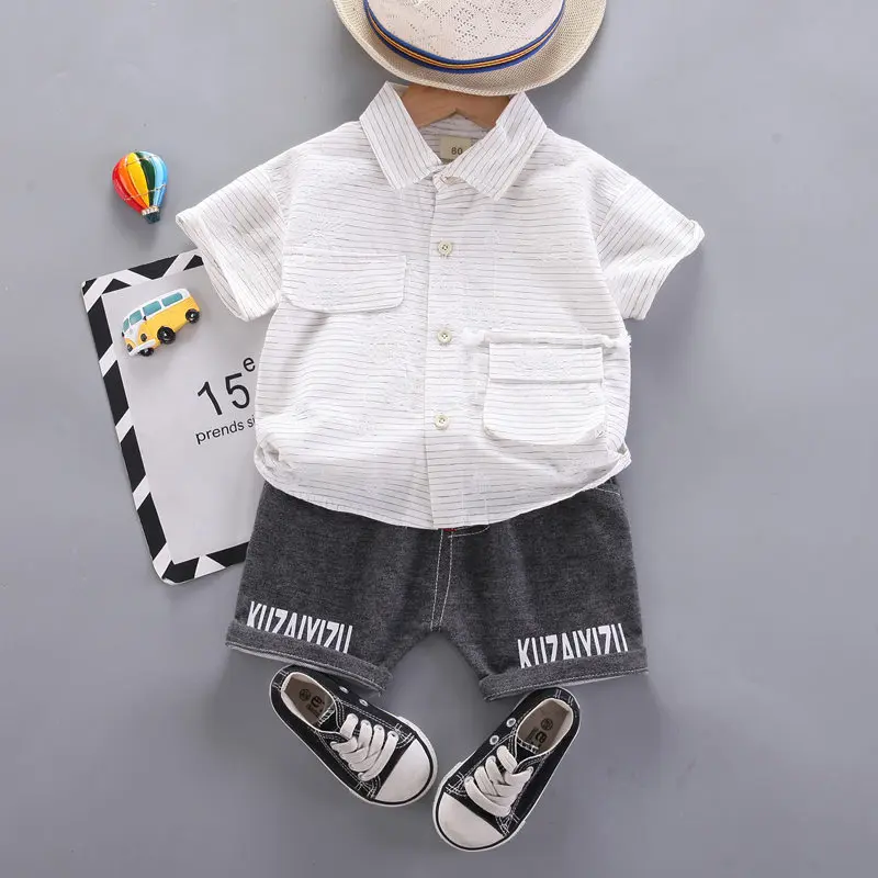 

New Summer Baby Boy Casual Clothes Infant Strips Shirt Pants 2Pcs/Set Gentleman Tie Kids Lapel Suits Children Fashion 0-4 Years