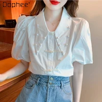 summer white pearls top ladies 2022 new court style chic woman office doll collar short puff sleeve button up womens shirts