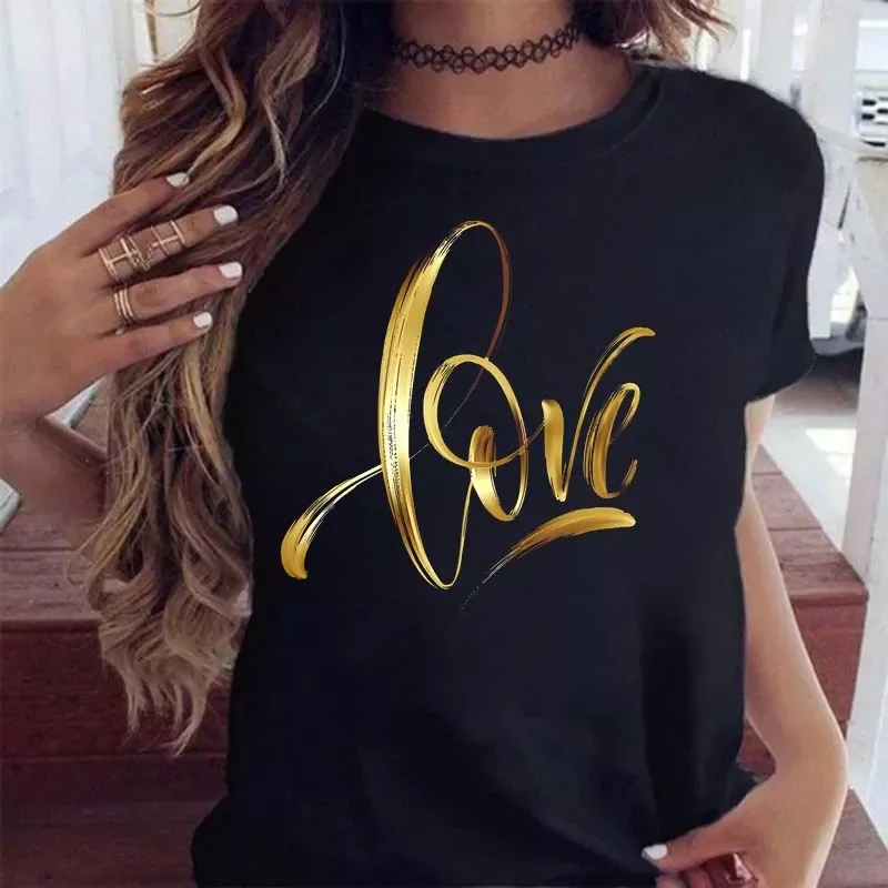 

2023NEW Women T Shirt Gold Letter Love Print T Shirt Female Short Sleeve Tops Tee 90s Girls Black T-shirt Women Casual Tee Shirt
