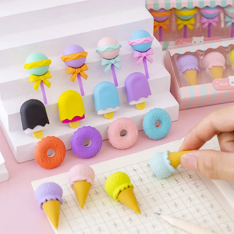 

4pcs Lollipop Icecream Donuts Erasers Set Kawaii Stationery Cute Dessert Rubber Pencil Eraser for Kids School Office Supplies