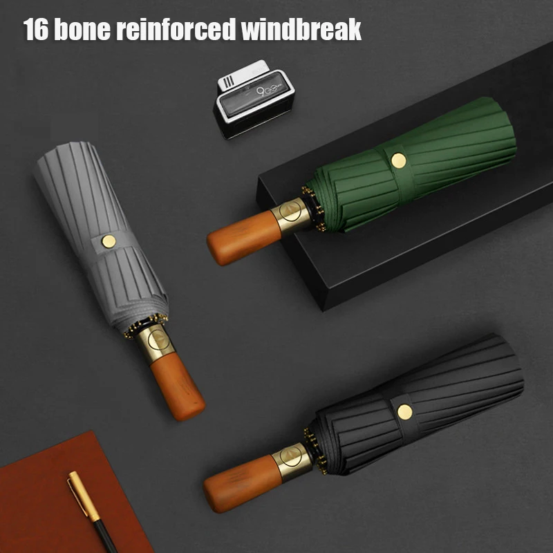

Umbrella 16 Bone Double Keel Fully Automatic High-end Wooden Handle Folding Business Umbrellas Large Sun Protection Umbrella
