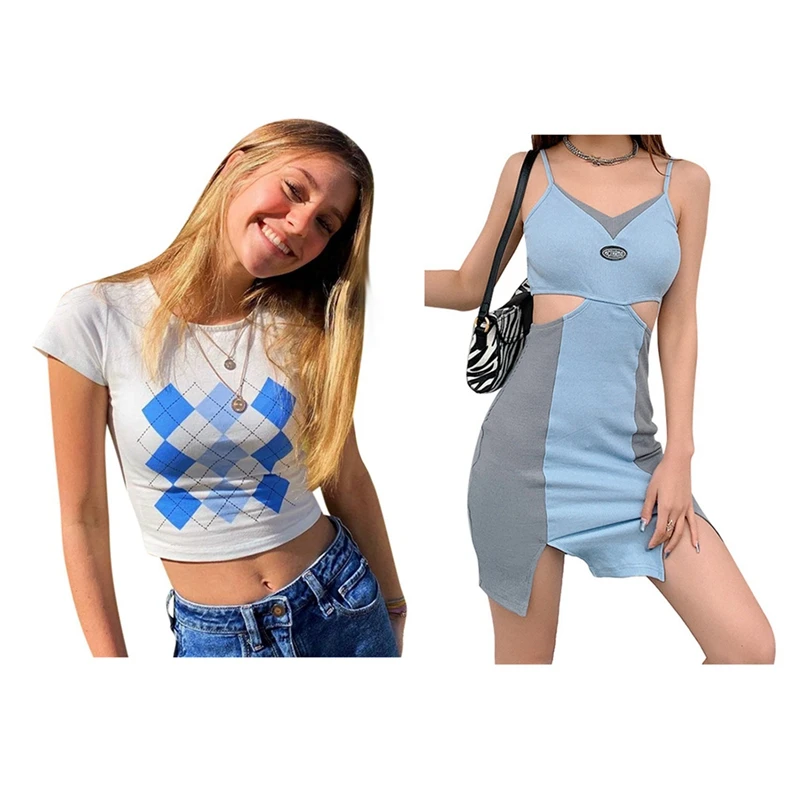 

NEW-Women's Sling V-Neck Hollow Halter All-Match Hip Dress Blue S With Diamond Check Printed T-Shirt Short Tops White S
